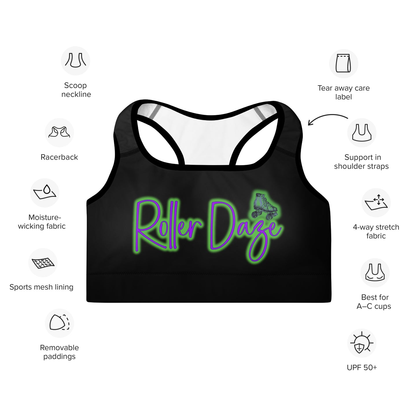 Roller Daze (Black) Padded Sports Bra