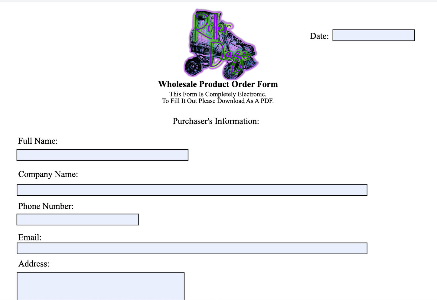 Roller Daze Collection Wholesale Order Form (Please Read The Description)